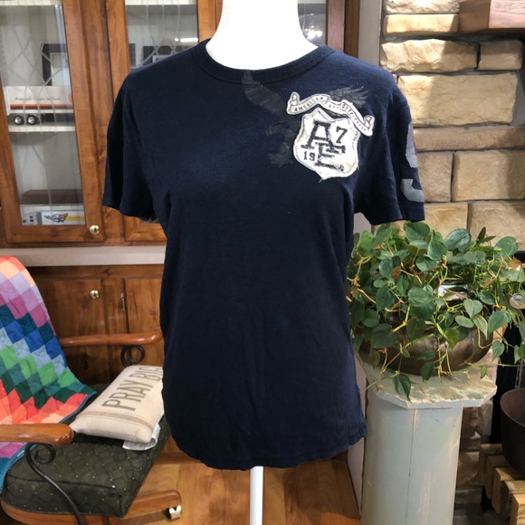 AMERICAN EAGLE OUTFITTERS SIZE XSTP NAVY BLUE SHORT SLEEVE SHIRT DISTRESSED LOGO - Picture 1 of 4